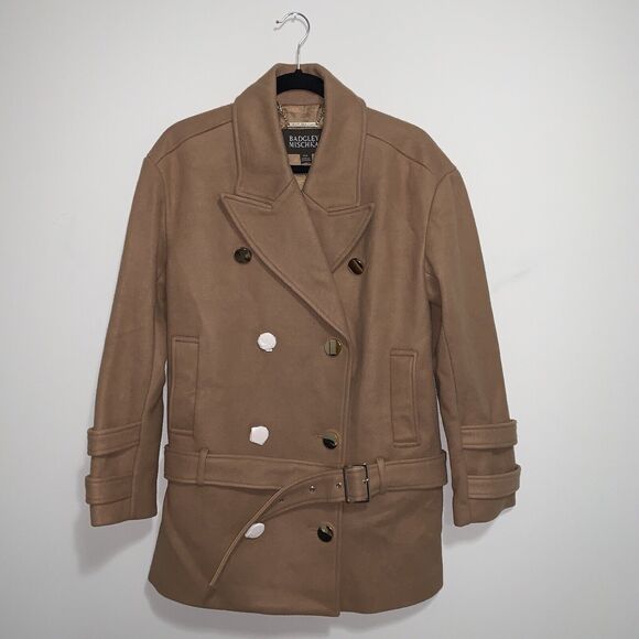 Badgley Mischa Coat Rosalie Notch Collar Camel Brown M New $268 Belted Designer